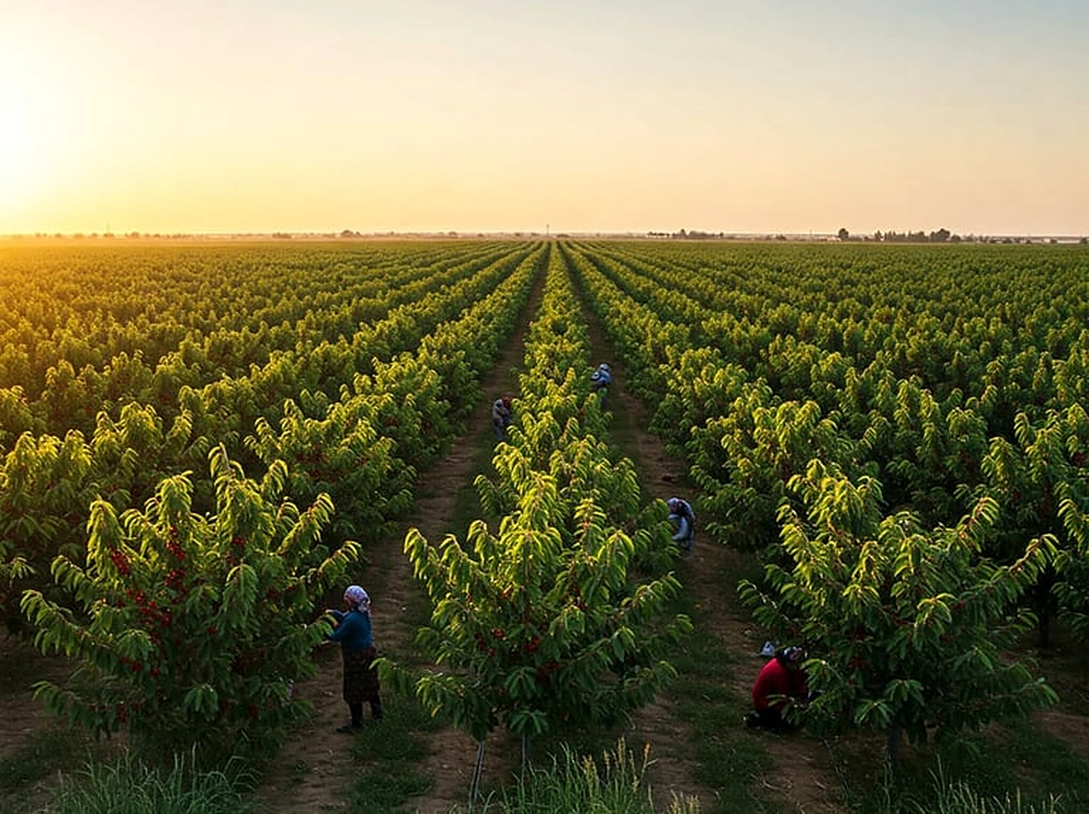 Rows of fruit trees in an Uzbek orchard at harvest time