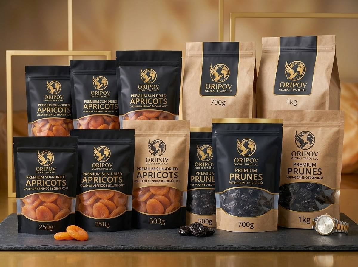 ORIPOV premium sun-dried apricot and prune pouches in multiple sizes