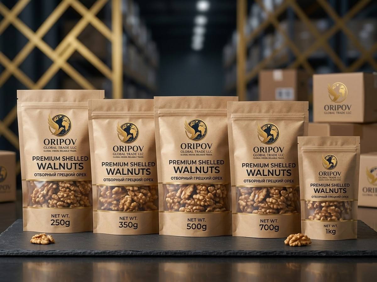 ORIPOV shelled walnut kraft pouches in an export warehouse