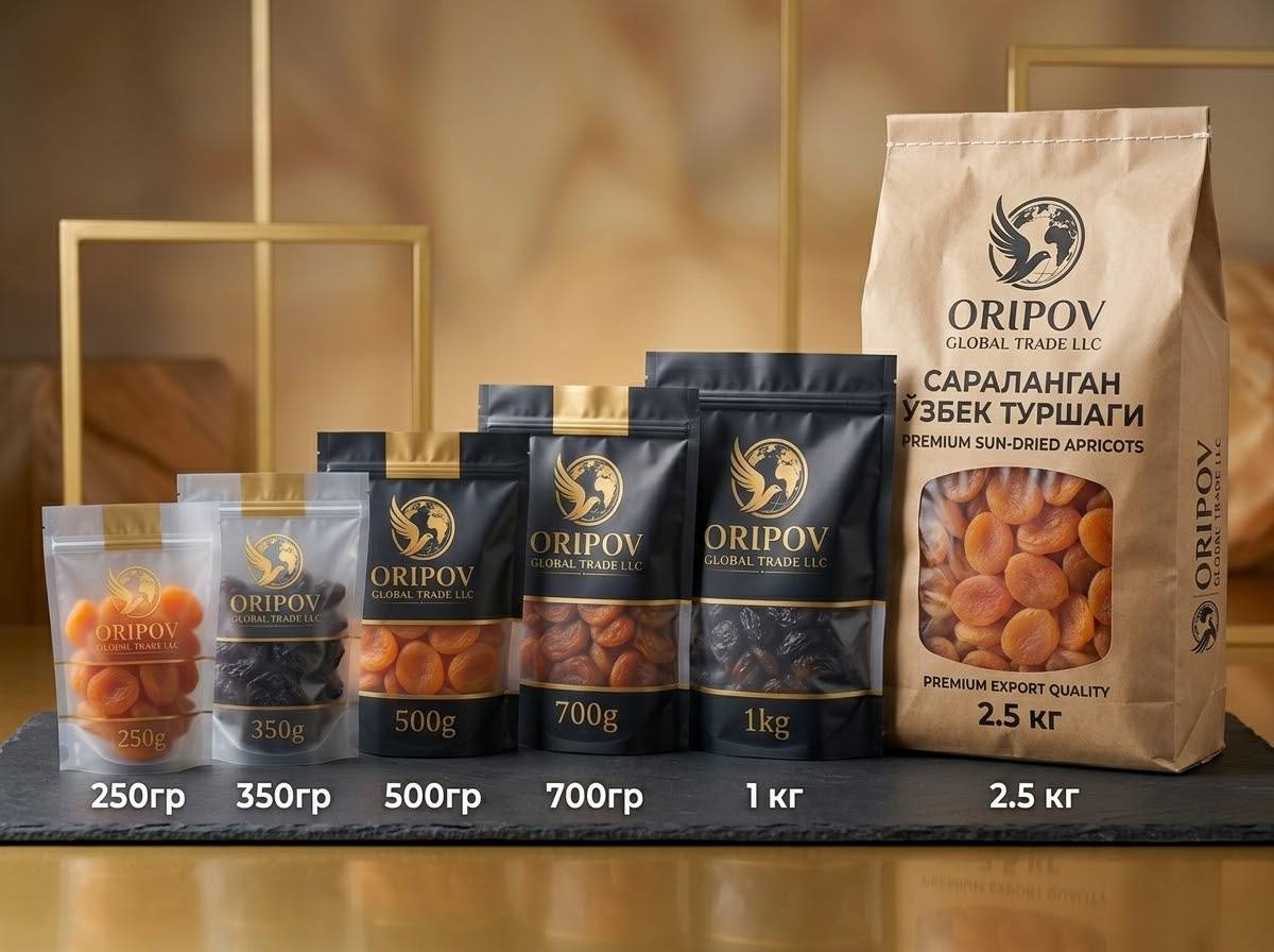 ORIPOV sun-dried apricot pouches from 250 g to 2.5 kg